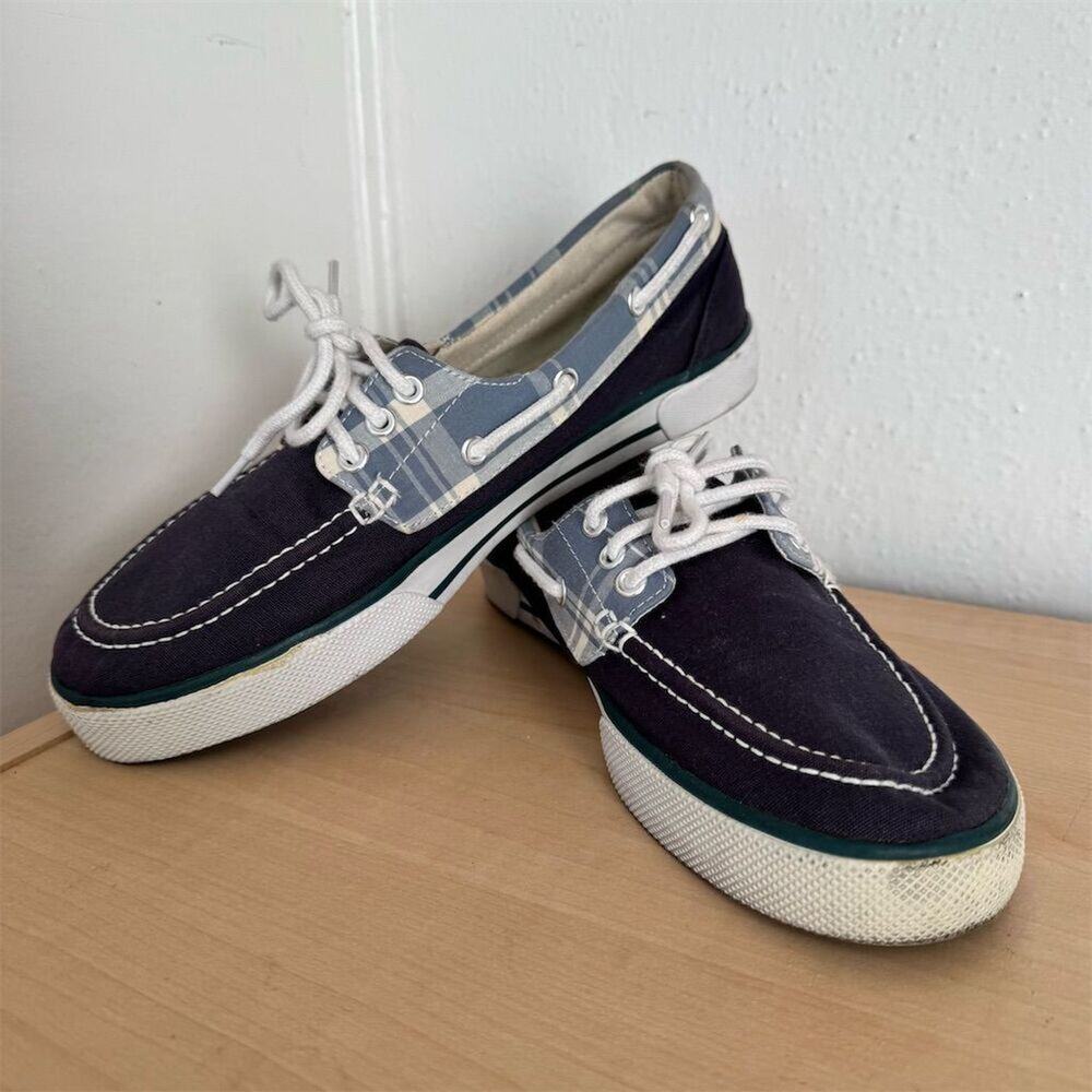 Polo by Ralph Lauren Mens Blue Plaid Boat Shoes Canvas Size 8.5 Casual Loafer